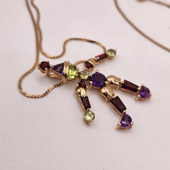 Whimsical 14k Yellow Gold Jester Natural Gemstones Pendant Necklace 16" - Picture 7 of 10